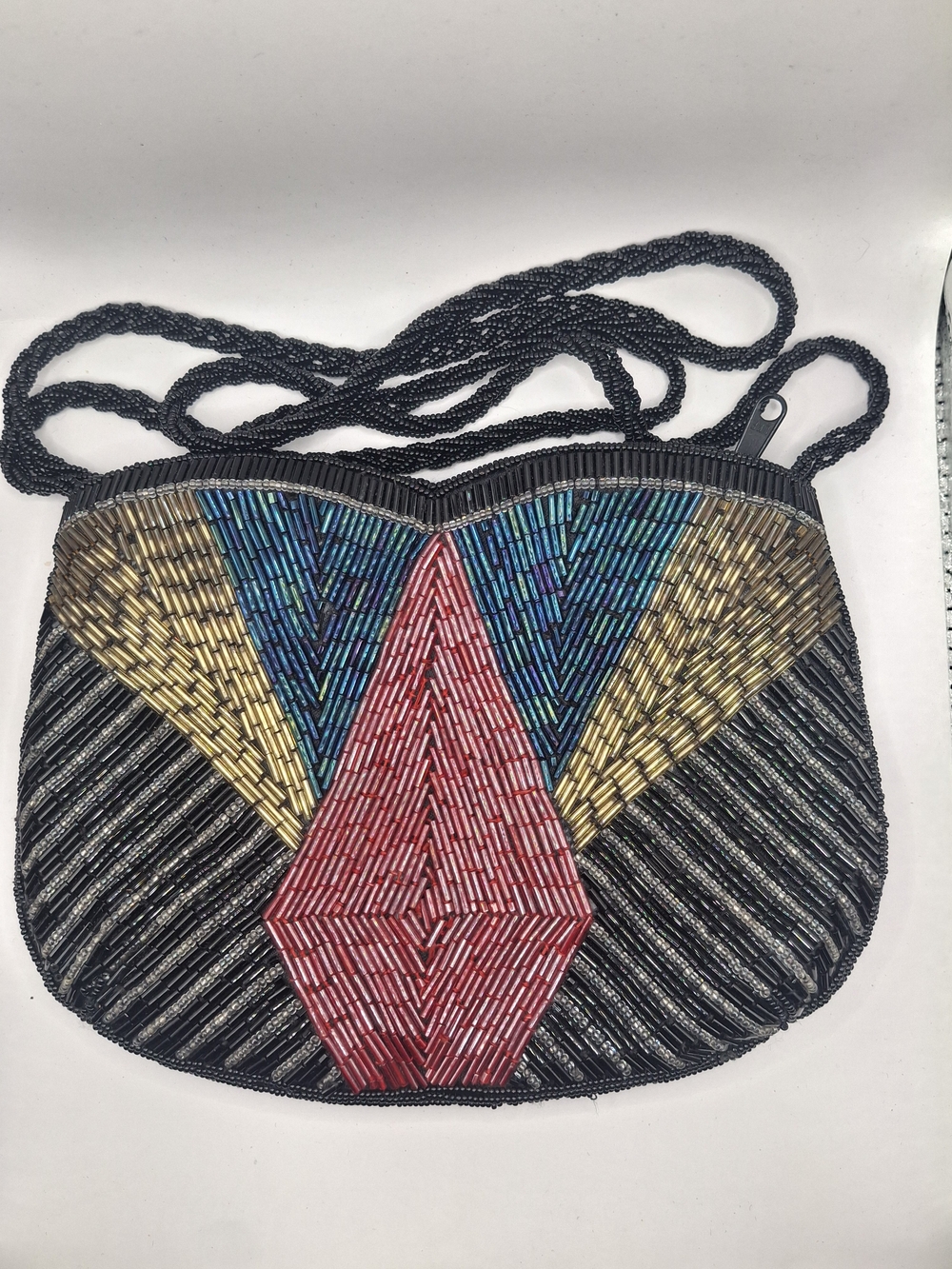 Vintage Multicolor Beaded Geometric Shoulder Bag - Red, Blue, Gold, Black